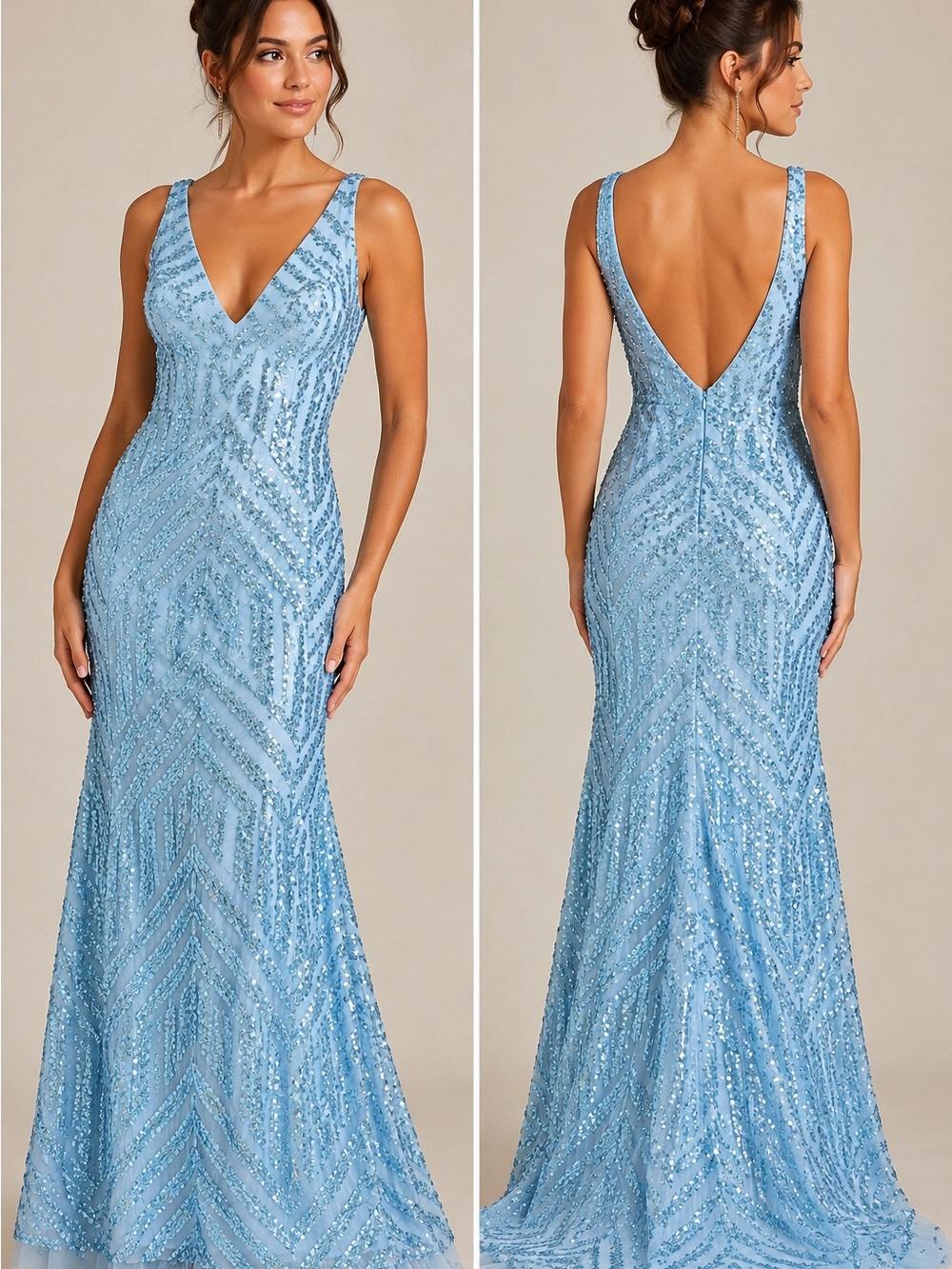 Elegant Beaded V-Neck Women’s Dress in Light Blue and Purple